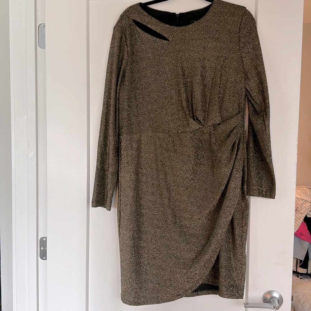 DKNY gold lurex long sleeve wrap dress